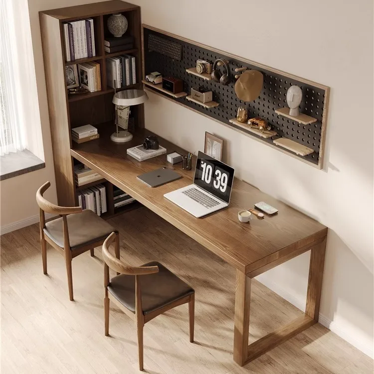 Solid wood children's desk bookcase bookshelf integrated combination double long computer desk