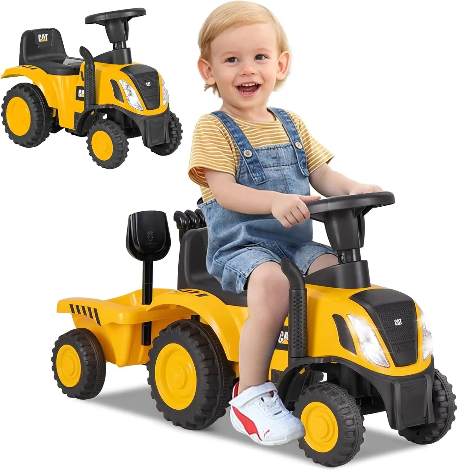 Passeio Caterpillar licenciado no trator, passeio 2 em 1 em carro push com reboque removível, farol, buzina, ancinho, pá, pé para fl