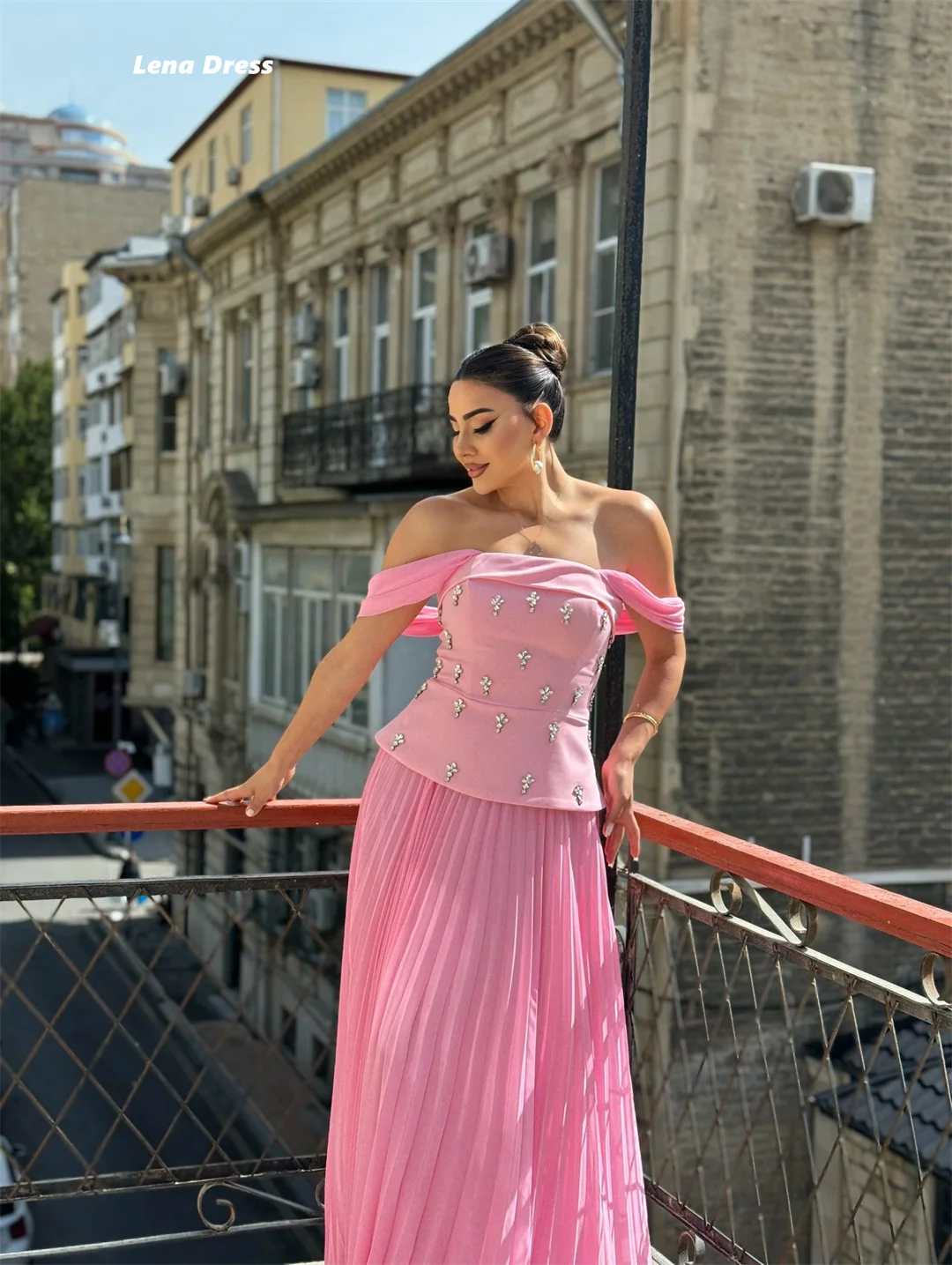 Vestido de noche Lena para mujer, vestidos de noche de gasa para mujer, vestidos elegantes de lujo para fiesta, diamantes de imitación, fiesta de graduación rosa hecha a medida