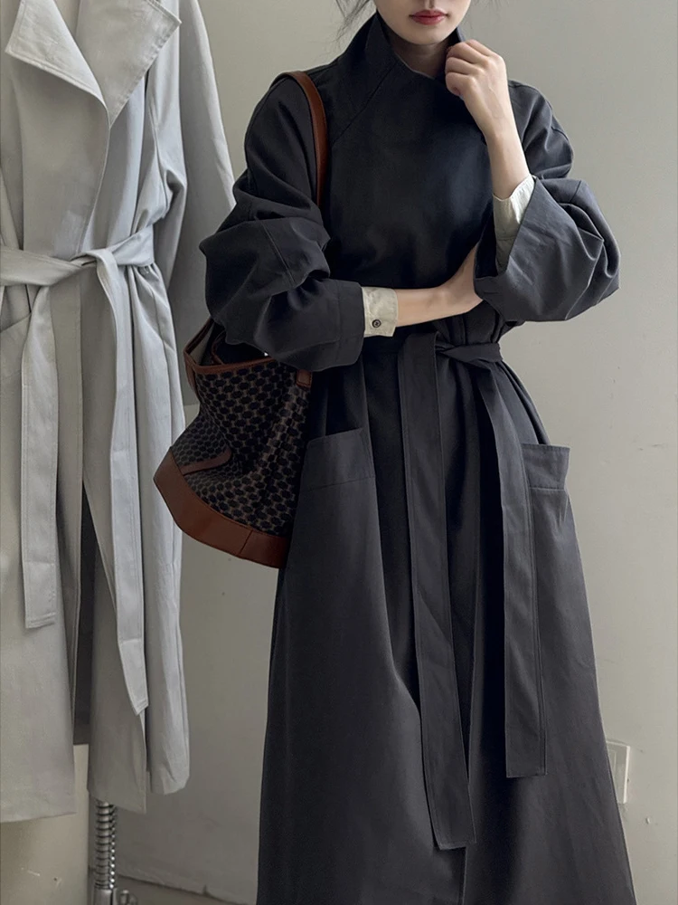 FANAN غير النظامية الوقوف الرقبة طويلة خندق للنساء حزام تجمع الخصر سترة واقية مكتب سيدة معاطف الإناث 2025 الخريف جديد