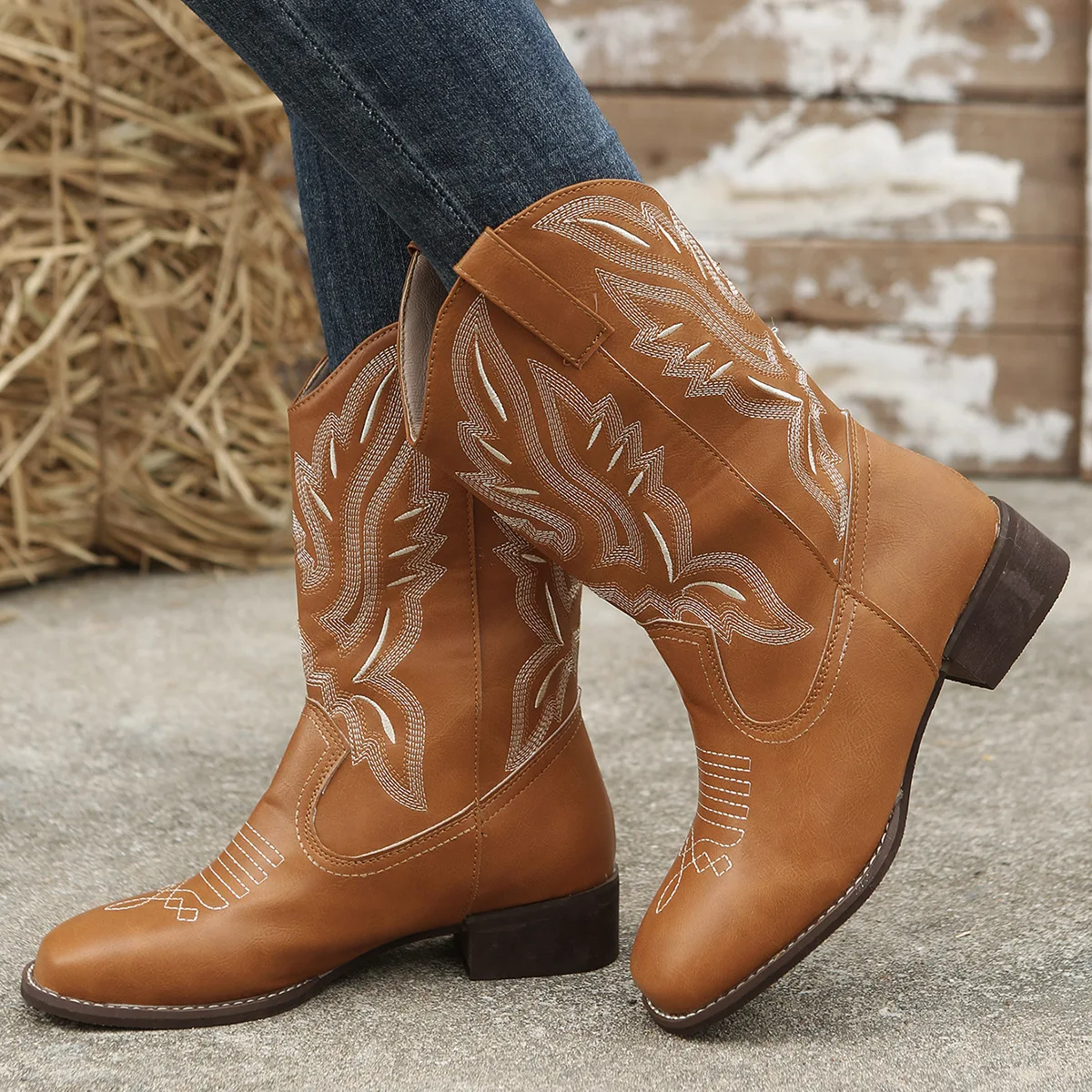 Fashion Women Winter Vintage Embroidery Asymmetrical Midi High Chunky Boots Low Heel Square Toe Boots