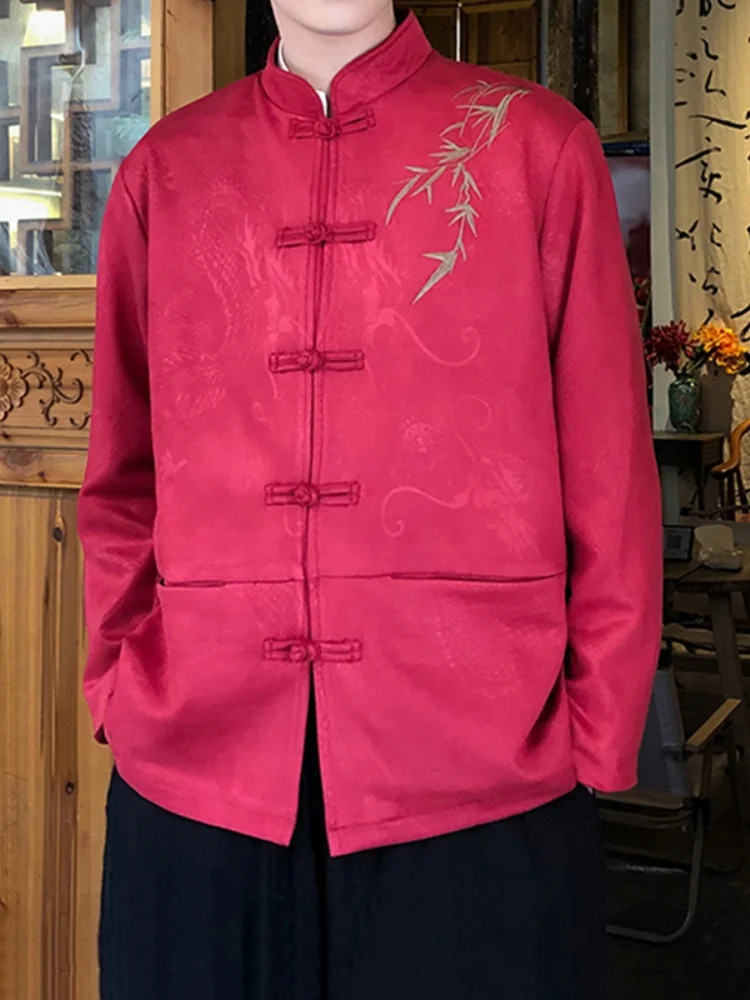 

Red Men's Spring Autumn Suede Jaet Embroidered Button Decorated Traditional Chinese Sle Hanfu Zhongan Suit Outerwear