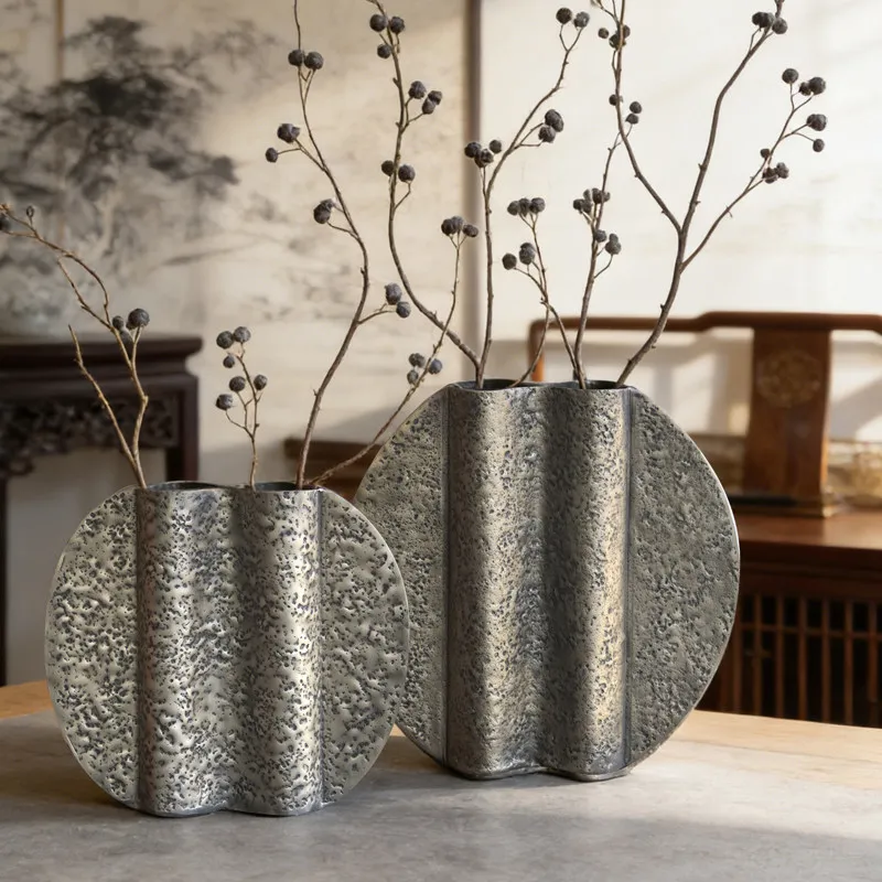 Indian craft aluminium grey, flower ware, wabi-sabi metal flat vase decorative ornament
