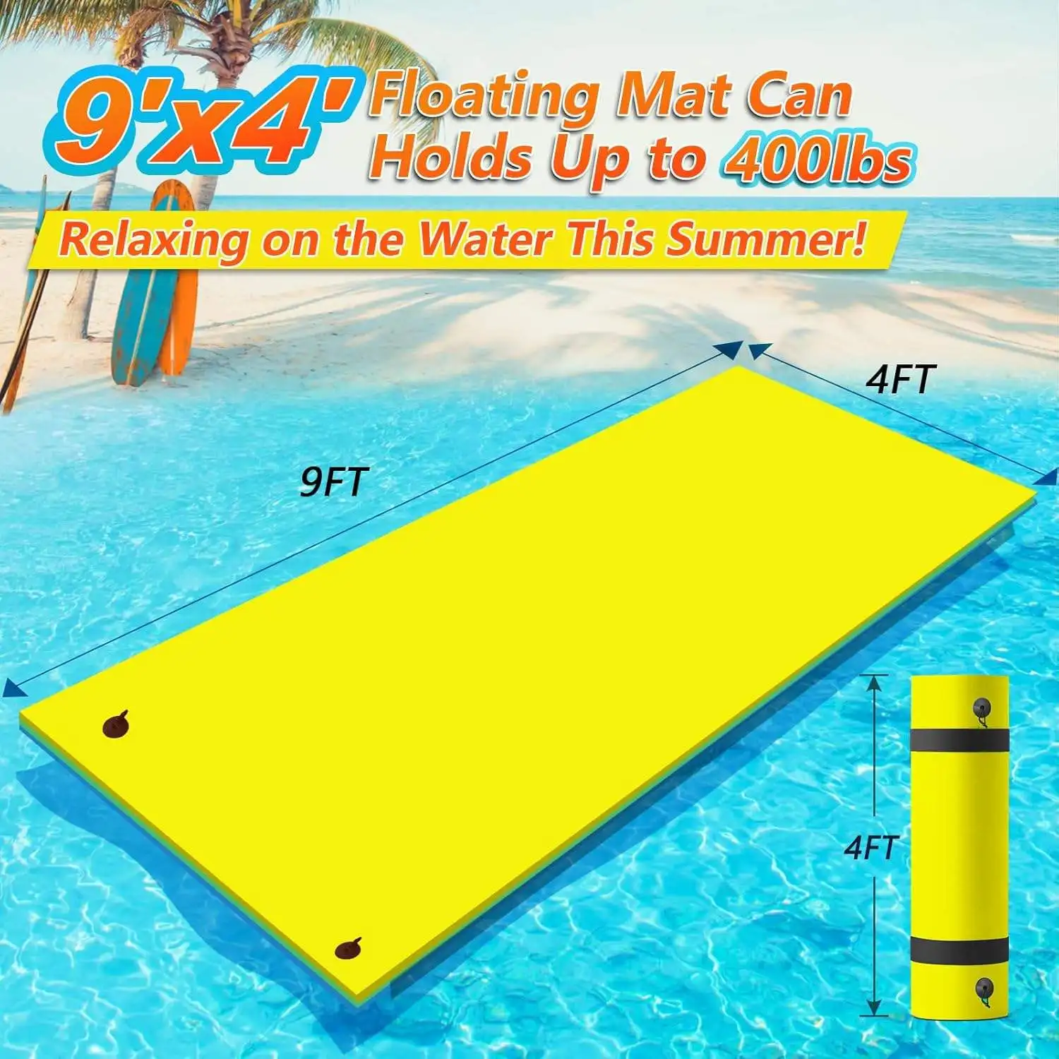 9x4 Ft Lily Pad Floating Water Mat for Lake Beach 3-Layer XPE Foam 16.4' Elastic Bungee Tether 3D Water Play Equipment