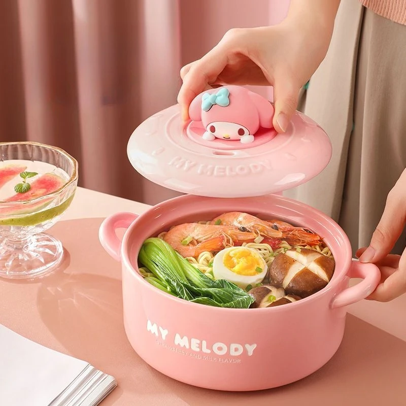 

Anime Cartoon Kawaii Melody Instant Noodle Bowl Ceramic with Lid Large Capacity Dormitory Send To Friends Birthday Gift Sanrio