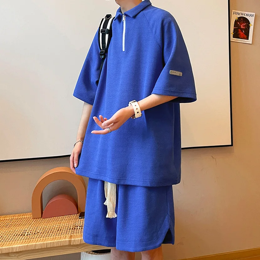 

Повседневная спортивная одежда: комплект футболок с коротким рукавом для мужчин, летний, для отдыха, с воротником на молнии, модный, для подростков, мужской, модный комплект футболок