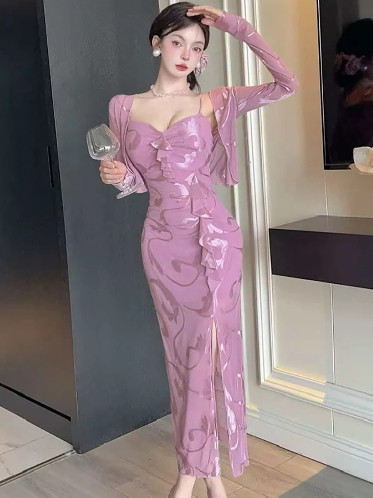 Nowy różowy kwiatowy komplet: seksowna długa sukienka na ramiączkach z siateczki + bluzki, dwuczęściowy zestaw damski, elegancki, dopasowany, na wiosnę i lato, casualowy komplet sukienek.