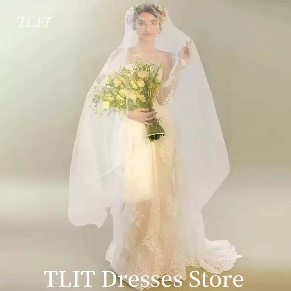 

TLIT White Lace Sequined Applique Wedding Dresses Elegant sleeveless Bridal Gown Brush Train customized Wedding Party 웨딩드레스
