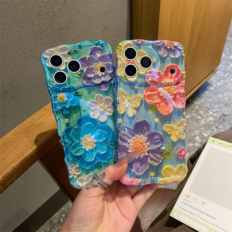 Luxury Blue Light Oil Painting Flowers Wavy Phone Case For iPhone 17 16 15 14 Plus 13 12 11 Pro Max Shockproof Protective Cover