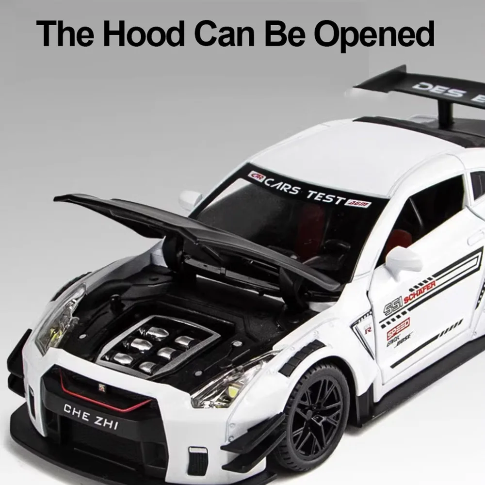 1:24 Schaal GTR R35 R34 Speelgoedautomodel Legering Diecast Pull Back 3 Deuren Opend Voertuigen Modellen Geluid Licht Collectie Kinderen Speelgoed