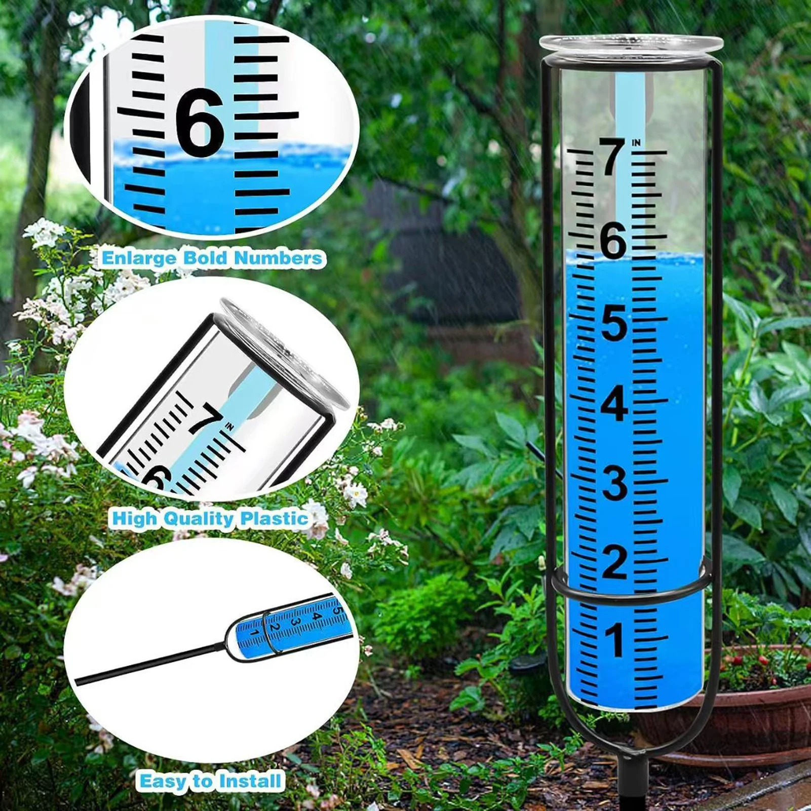Portable Rain Gauge Rain Measuring Tool with Large Numbers for Garden Deck and Lawn Use