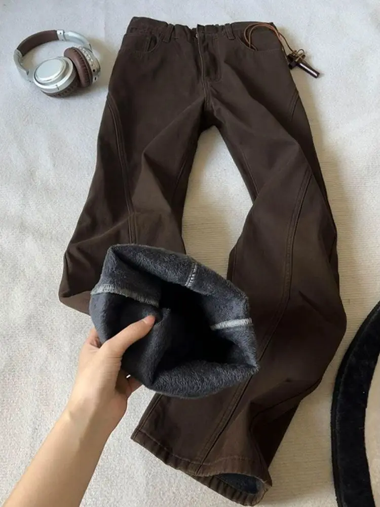 

Thiened Fce Lined Men's Winter Jeans American Vibe Bootcut Pants mid Waist Zipper Closure Casual Sle Polyester Fiber