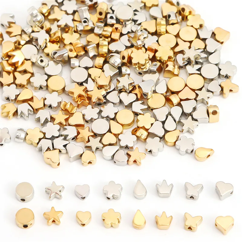 100pcs/lot Rhodium/Gold Plated CCB Beads Star Heart Crown Shape Loose Spacer Beads for DIY Jewelry Making Beading Accessories