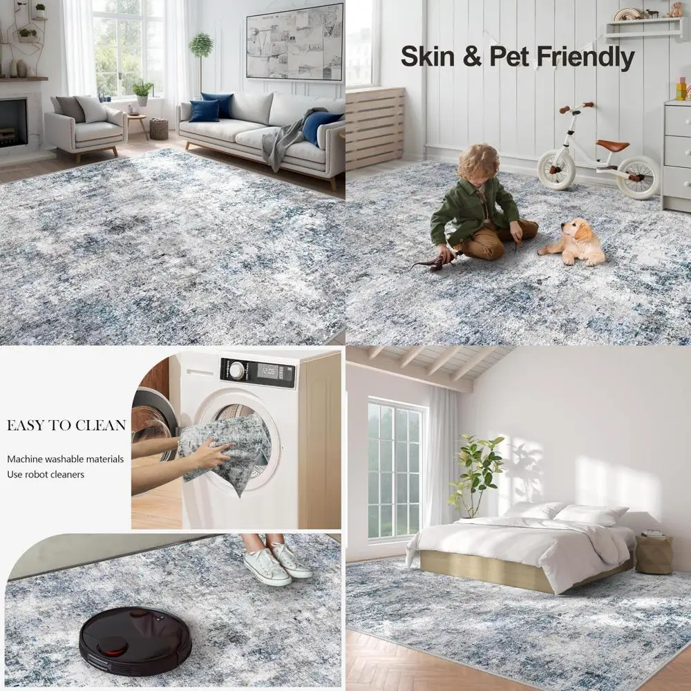 10x14 Modern Washable Non-Slip Area Rug, Soft Foldable Distressed Stain-Resistant Neutral Carpet for Living Room