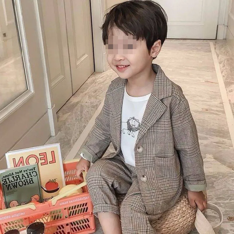 MILANCEL New Spring Kids Plaid Suit 1-7T Checkered Loose Girls Formal Set Korean Version Thin Children Boys Clothes 2PCS