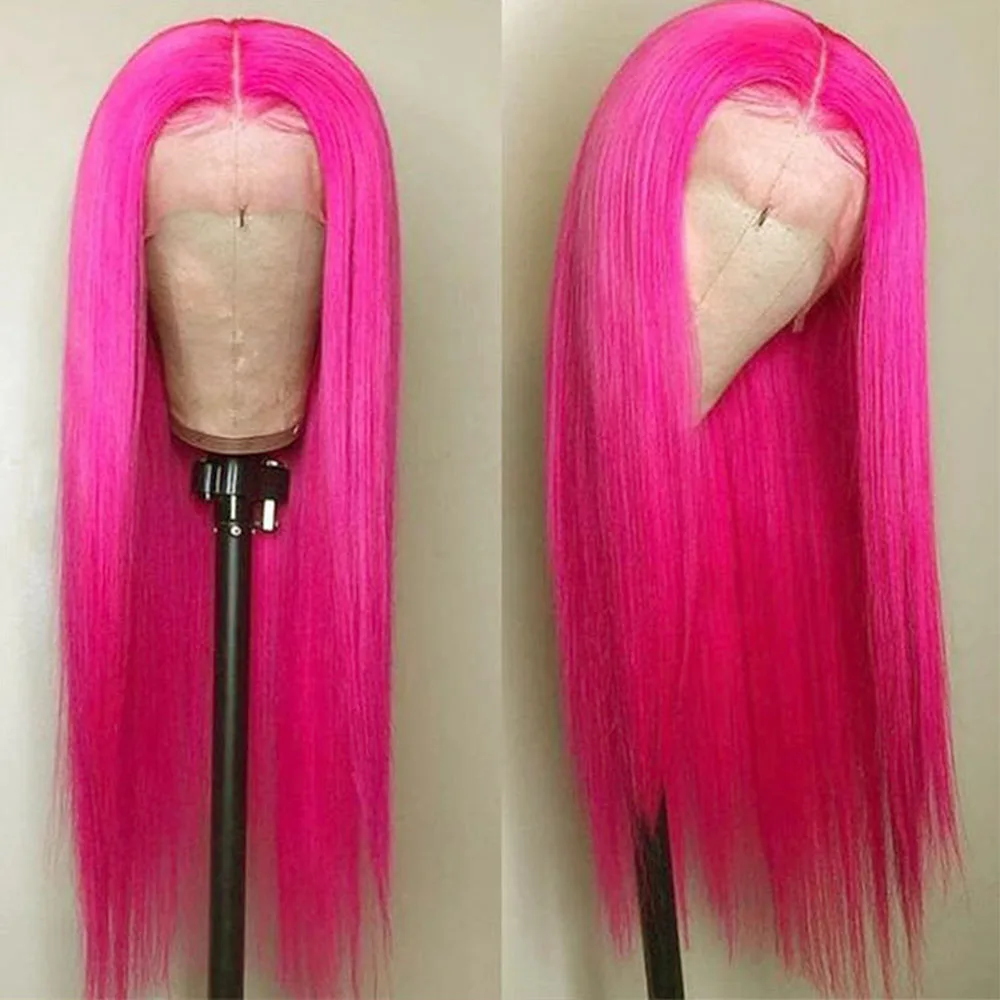 13x4 Lace Front Wig Synthetic Long Silky Straight Hair Wig Free Part Rose Red Color Glueless Replacement Wigs Heat Resistant