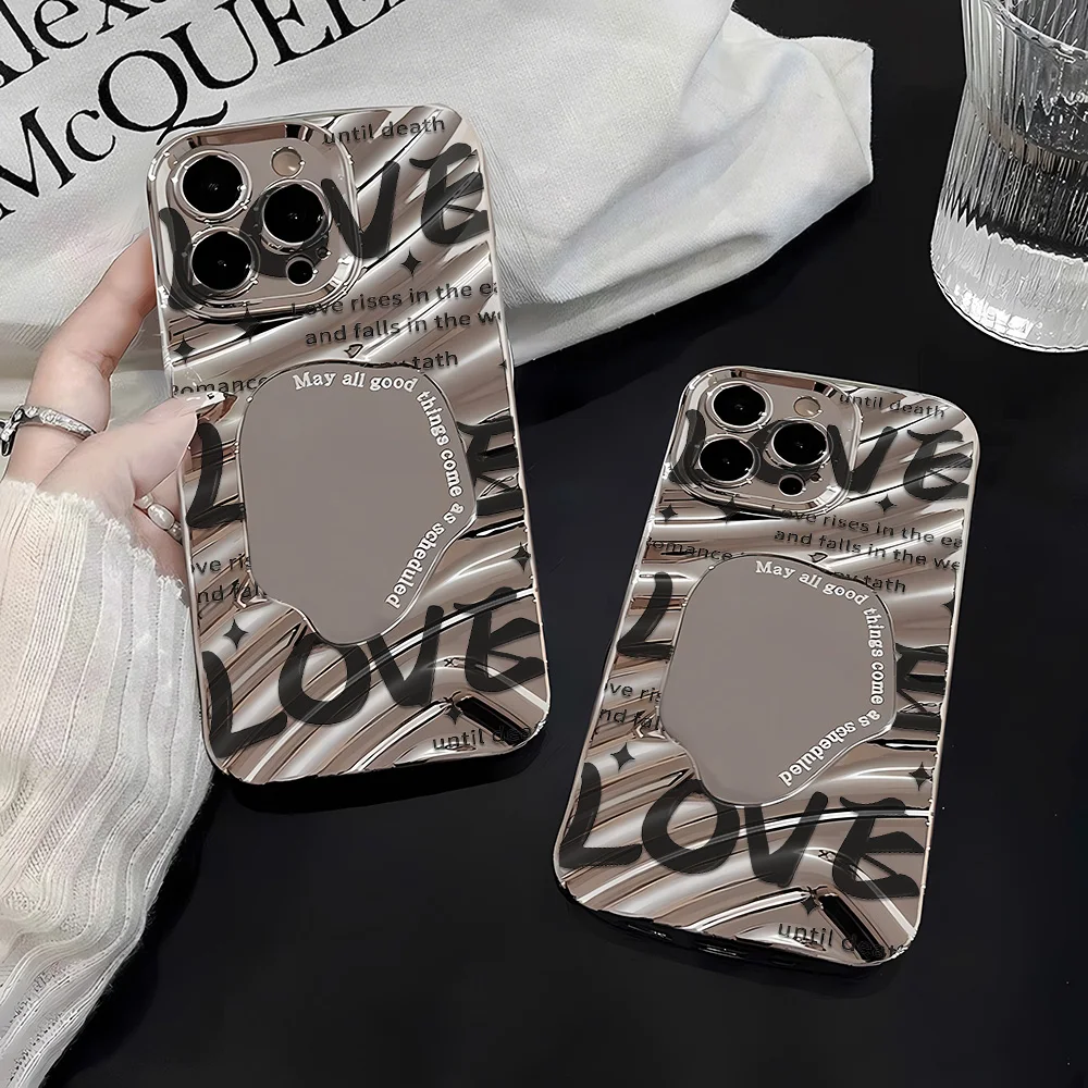 Coque de téléphone miroir à motif argenté pour Apple iPhone 17 16 15 14 13 12 11 Pro Max Air Cases Romantique Noir Rose LOVE Texte Tendance