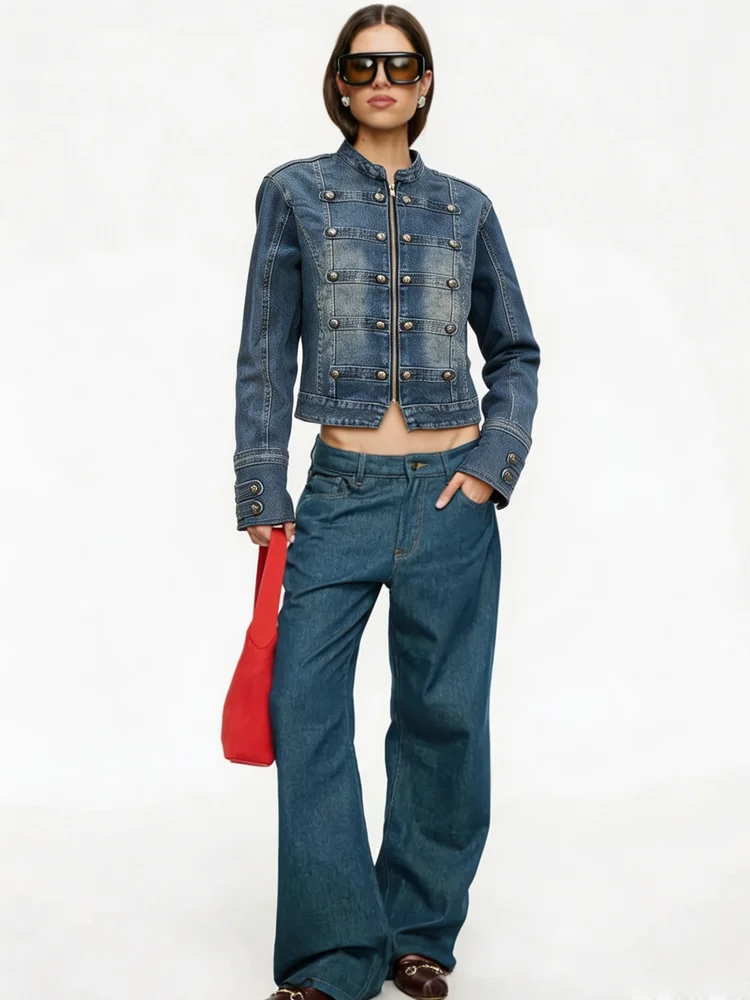 2026 Winter Women's Denim Jacket with Metal Button Stand up Collar Zipper Long Sleeve Retro Washed Coat for Daily Commuting