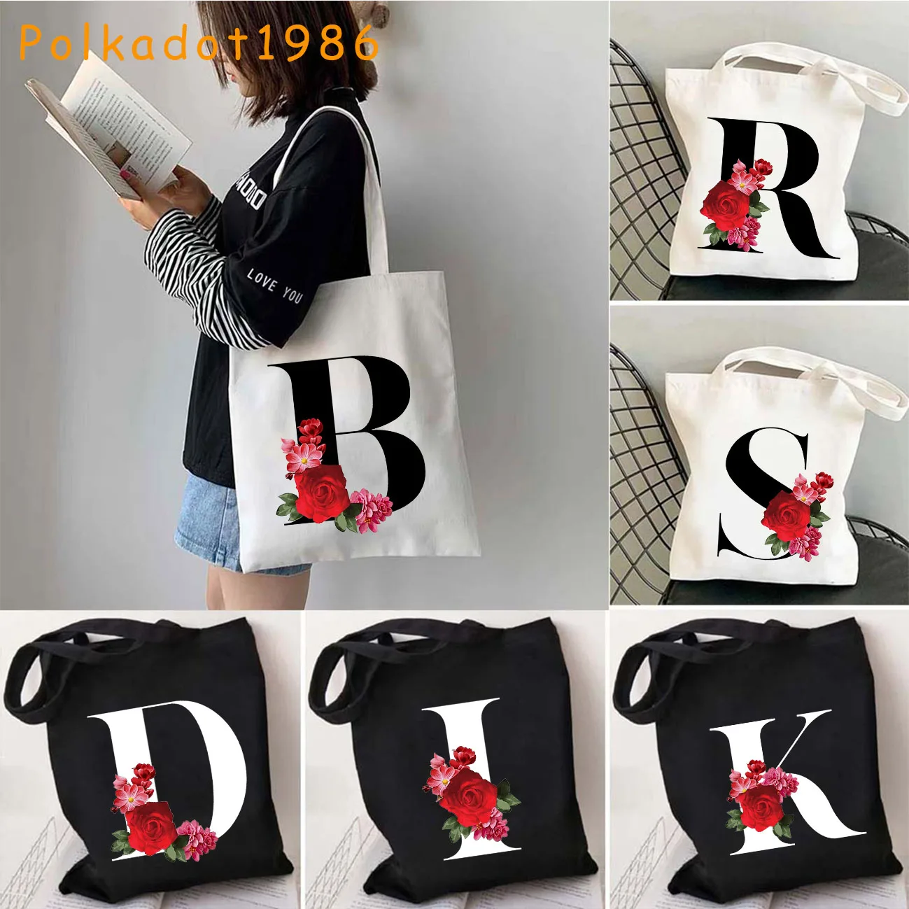 

Floral Initial Letter Black A to Z English Alphabet Flower Canvas Shoulder Tote Bag Harajuku Shopper Reusable Cotton Eco Handbag