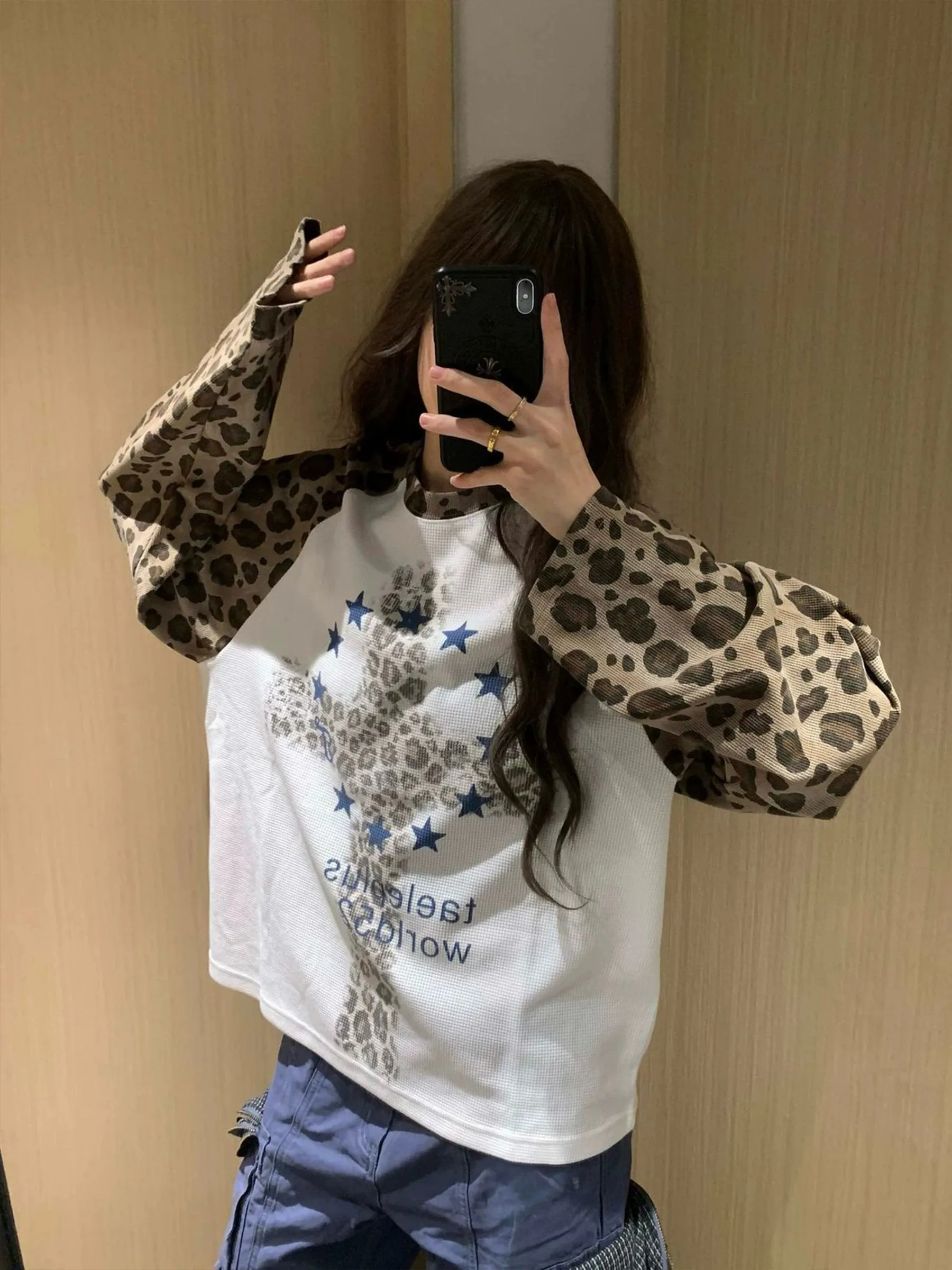 American Style Loose Long Sleeve T-Shirt with Shoulder Insert Leopard Print Unisex Spring Autumn New Couple Base Shirt Top