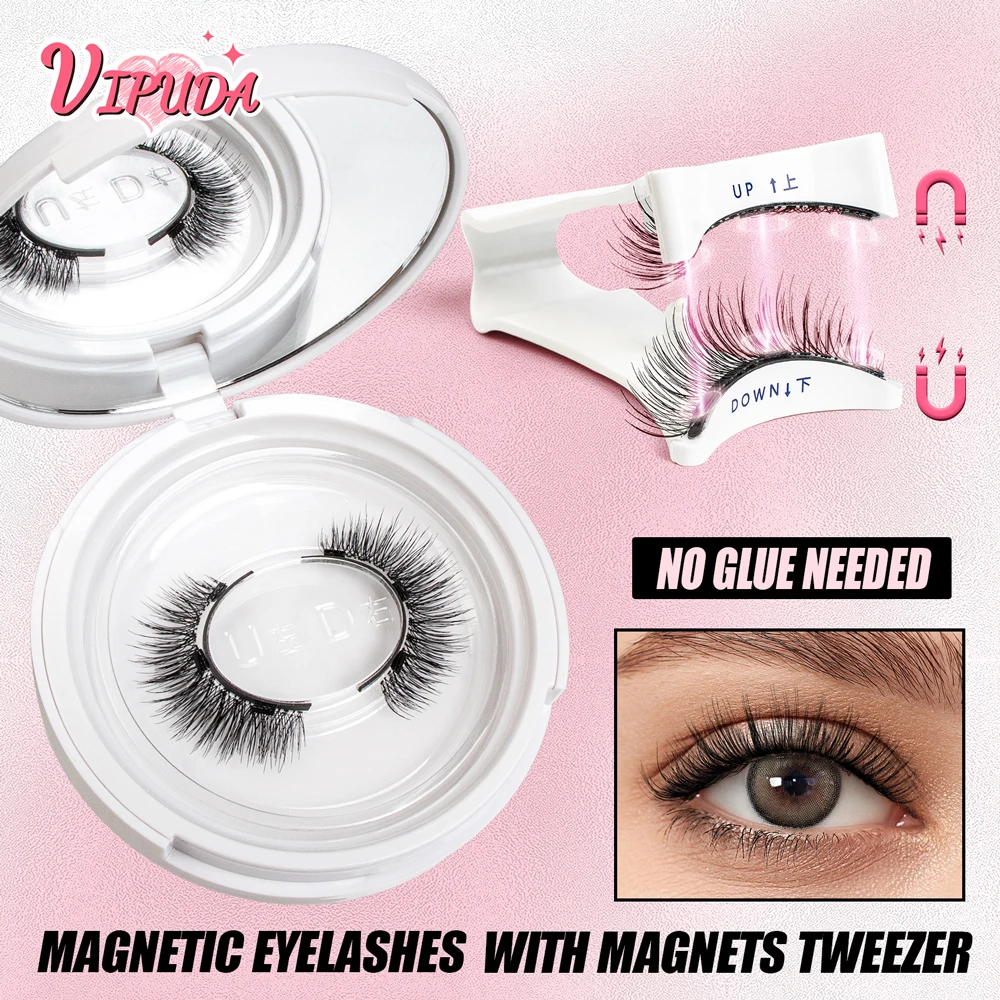 Vipuda Magnetic Eyelashes Reusable Magnetic Lashes with Magnets Tweezer Natural Thick False Eyelashes Soft Eyelashes Extension