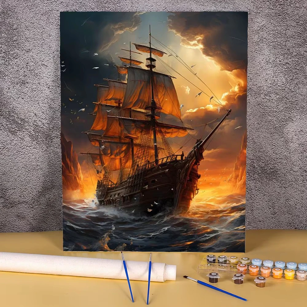 Segelboot Malen nach Zahlen für Erwachsene Sonnenuntergang Seelandschaft Zeichnung auf Leinwand Kunstgeschenk DIY Bilder nach Zahlen Moderne Sets Heimdekoration
