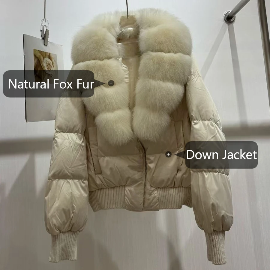 리얼 퍼 트리밍 푸퍼 재킷 여성용 겨울 다운 코트, 봄버 재킷, 신상 패션 숏 폭스 퍼 지퍼 코트