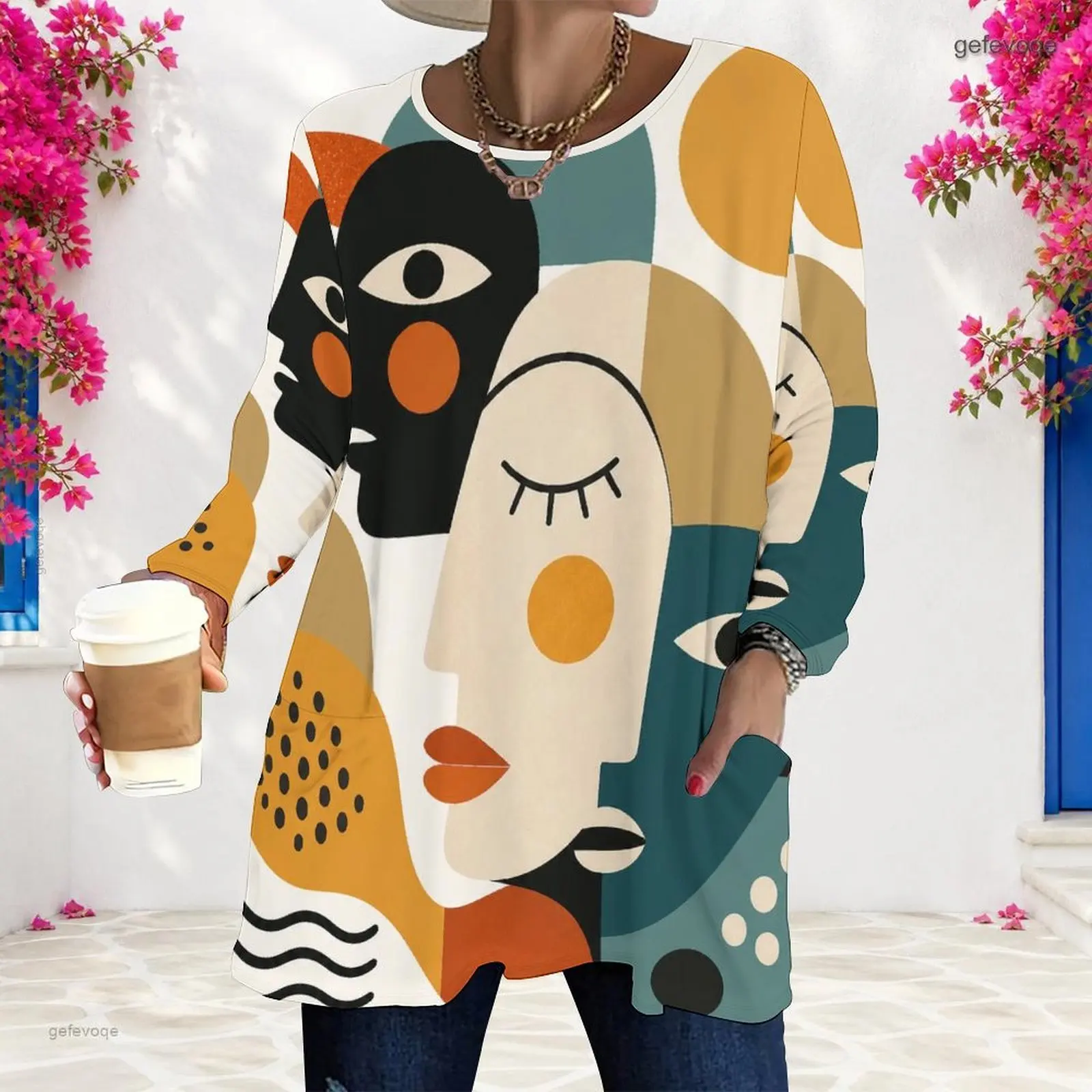 Women Pastel Abstract Geometric Leaf Print Round Neck Long Sleeve Loose Top with Pockets