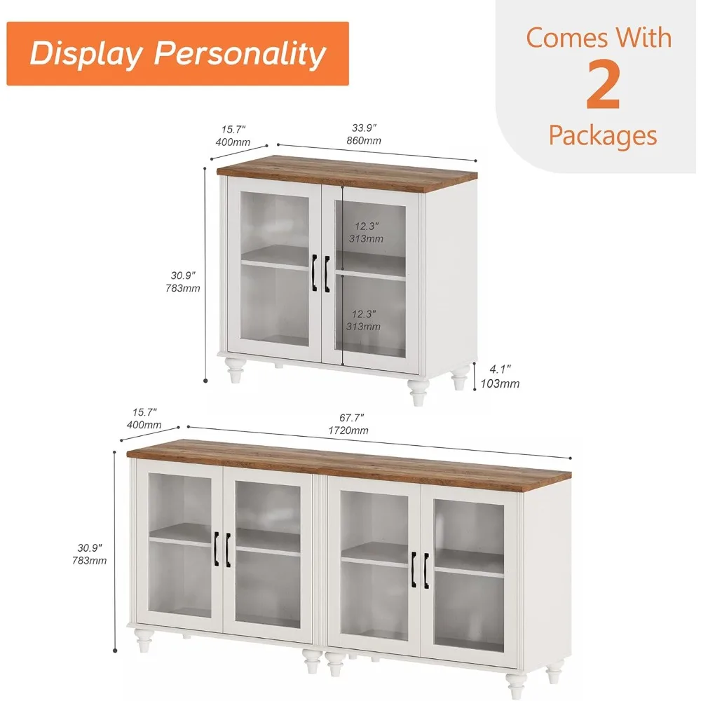 Buffetschrank mit 4 Glastüren, großer Couchtisch, Holzküchenschränke mit Aufbewahrungsschränken, modernes Bauernhaus