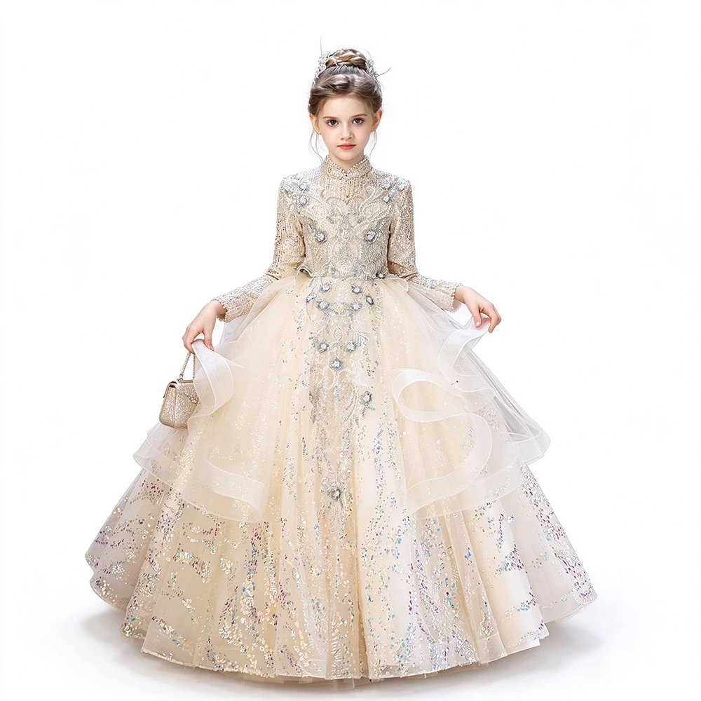Luxury Princess Pageant Evening Prom Birthday Party Gown Glitter Sequined Tulle Banquet Formal Occasion Wedding Dress For Girls