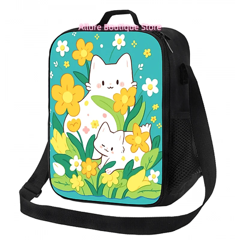 Adorable Cartoon Cat Flower Insulated Lunch Tote Featuring an Adjustable Shoulder Strap, Perfect for Work, Picnics, Or The Beach