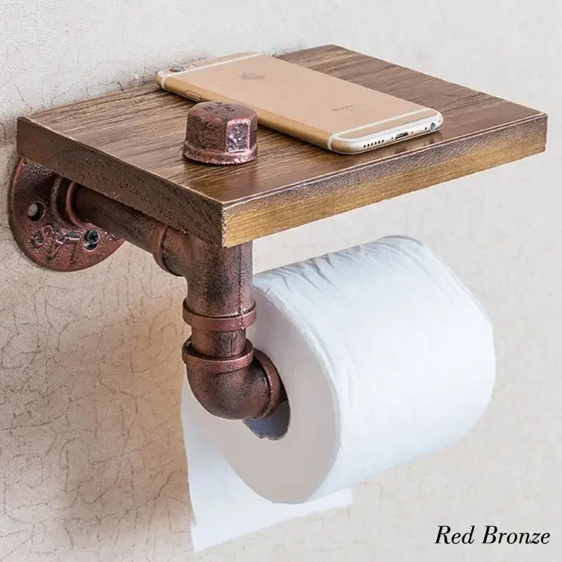 Urban Industrial Wall Mount Wood Storage Shelf Iron Pipe Toilet Paper Holder Roller Restaurant Restroom Bathroom Decoration