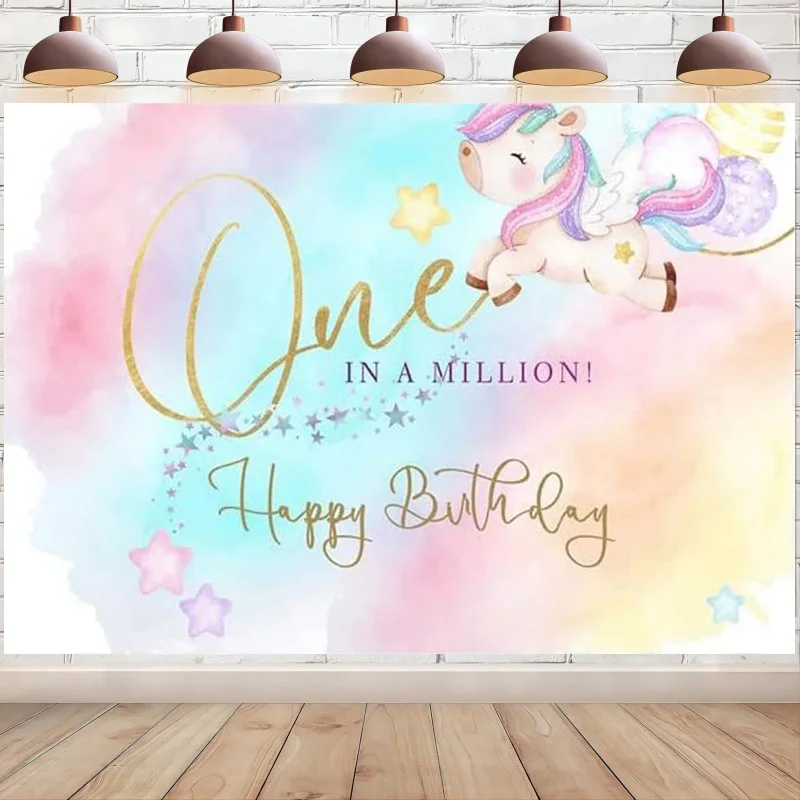 

Pink Dreamlike Unicorn Happy 1st Birthday Backdrop One in A Million Background for Photography Rainbow Party Decoration Banner