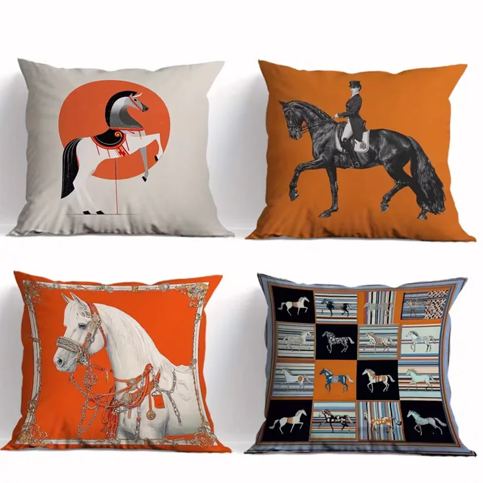 4PC Elegant Horseback Riding Equestrian Art Throw Pillow Covers for Farmhouse Rustic Decor Home Accent Cushion