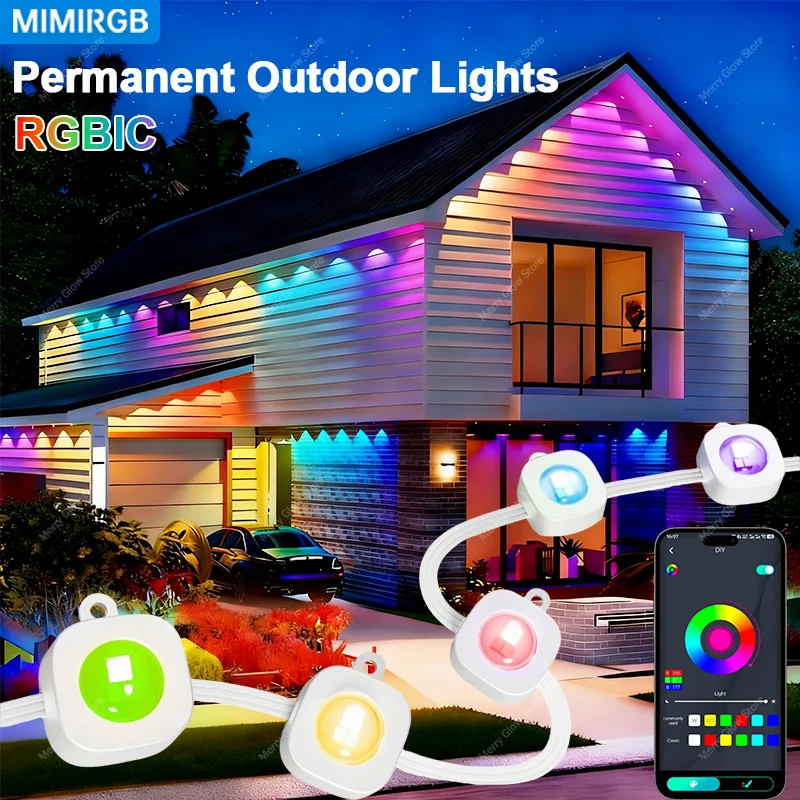 Luci esterne permanenti 200FT/60M Luci per grondaia impermeabili App Bluetooth Funzione timer Modalità scena multiple per decorazioni natalizie