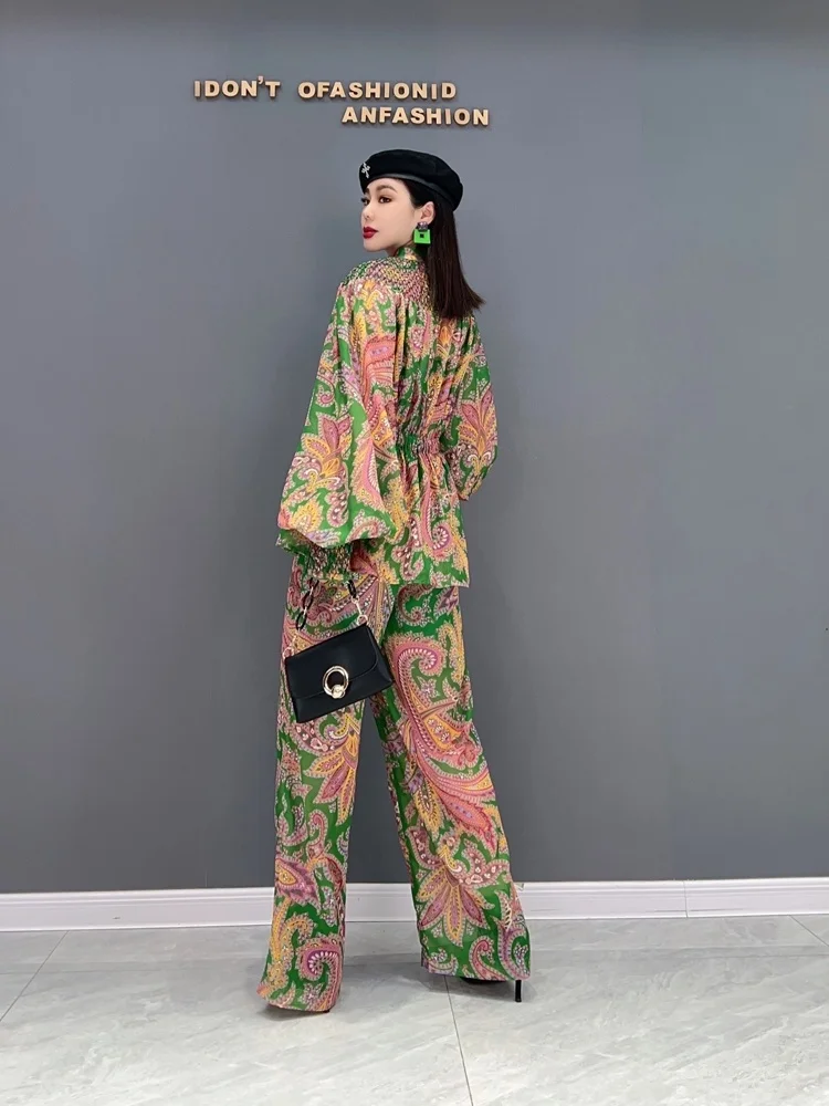 Women Temperament Elastic Waist Chiffon Printing Long Sleeves Shirt Suit + Wide Leg Pants Suit 2024 Spring Autumn LHX1794