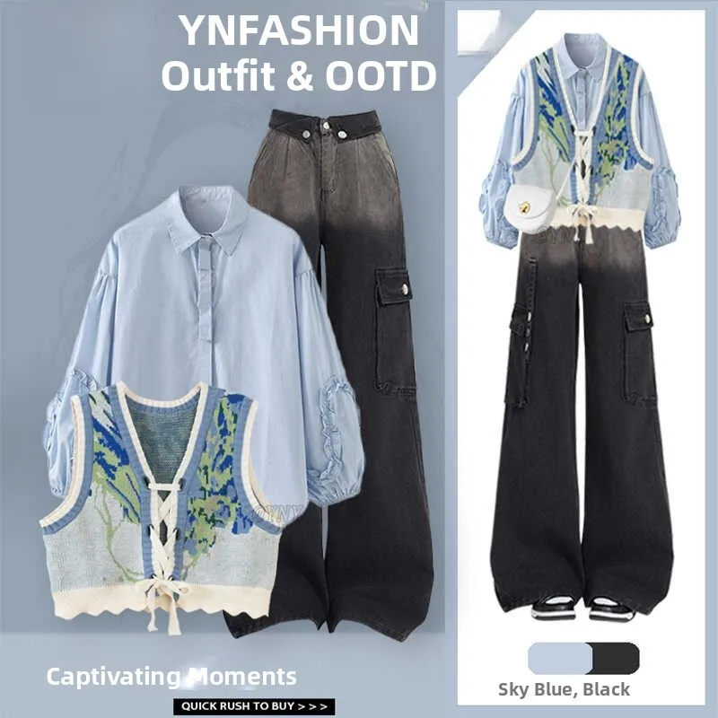 

Korean Style Fashionable Women's Set Short Sleeve Neck Three-Piece Suit Autumn New Arrival Sunscreen Shirt Vest American...