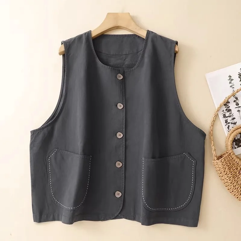 Japanese Style Artistic Embroidery Cotton Linen Cardigan Vest,Women's Loose Layered Spring Summer Top W2224 - view 3