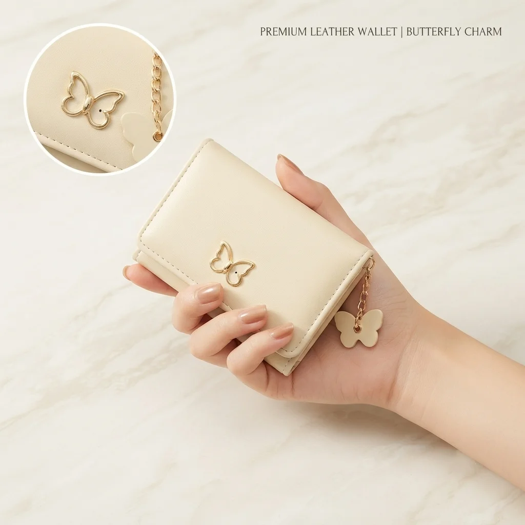 Women's Short Wallet PU Leather Trifold Purse Butterfly Decor Card Case Compact Mini Coin Organizer Trendy Fashion Small Clutch