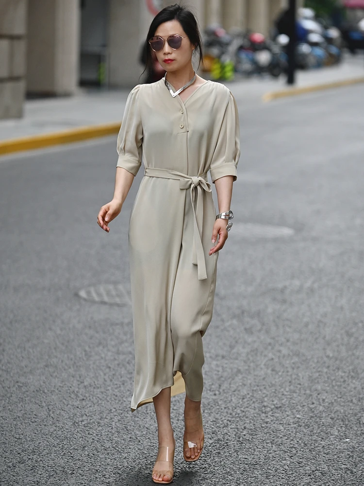 

Spring 2025 New Long Dra Waist-Cinching Anti-Wrinkle Acetate Bubble-Sve Dr Ele V-Ne H-ape Single-Piece Tea ...