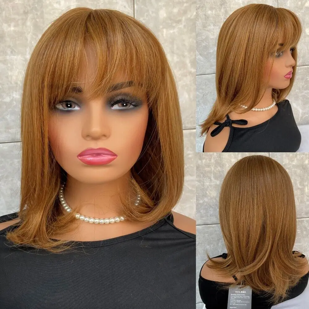 

Shoulder Length Blonde Mix Human Hair Blend Heat Wigs Women Soft Bangs