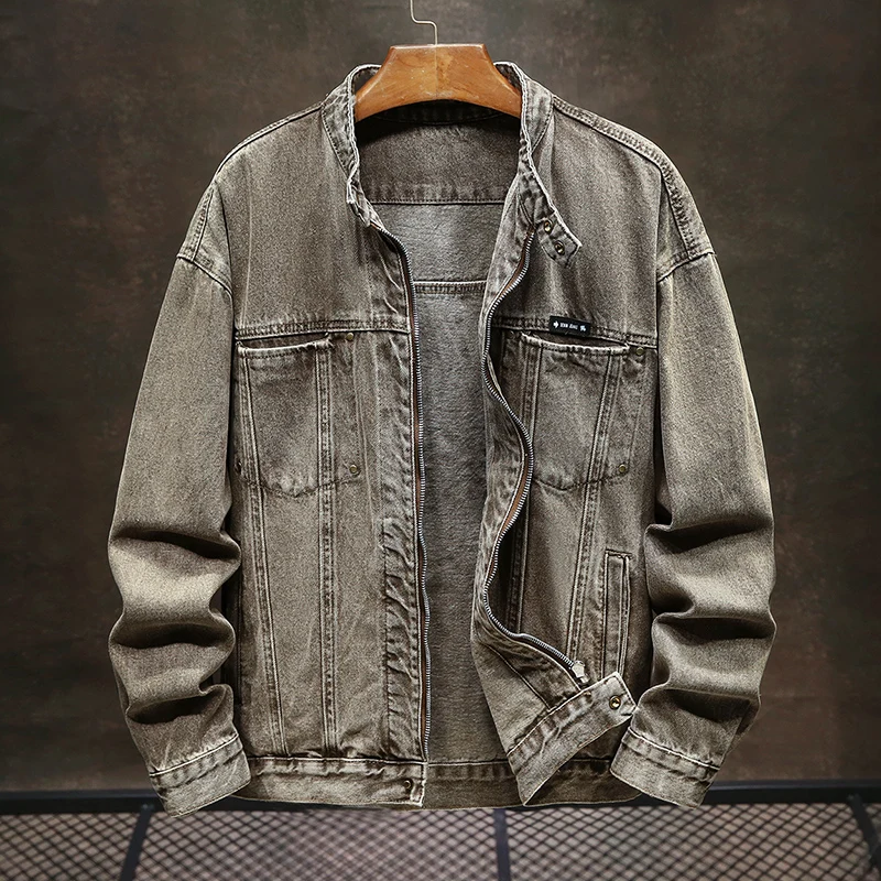 

Retro Nostalgic Denim Coat for Men 2024 Autumn Stand Collar Zipper Fashion Street Fashion Casual Slim Jacket