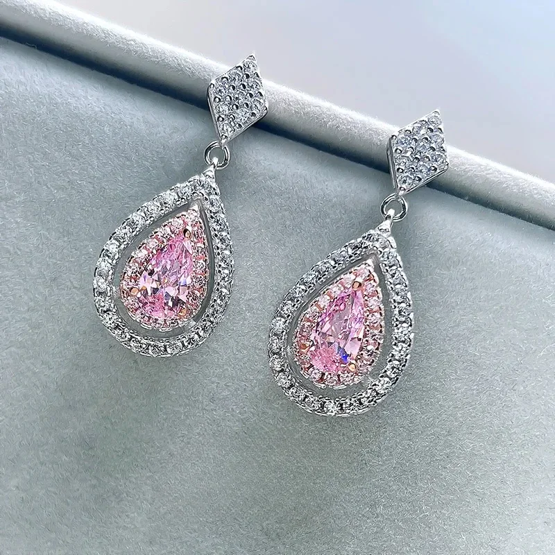 

New Xianqi Pear shaped Droplet Cherry Blossom Powder Earrings 925 Silver Imported High Carbon Diamond Wedding Jewelry Wholesale