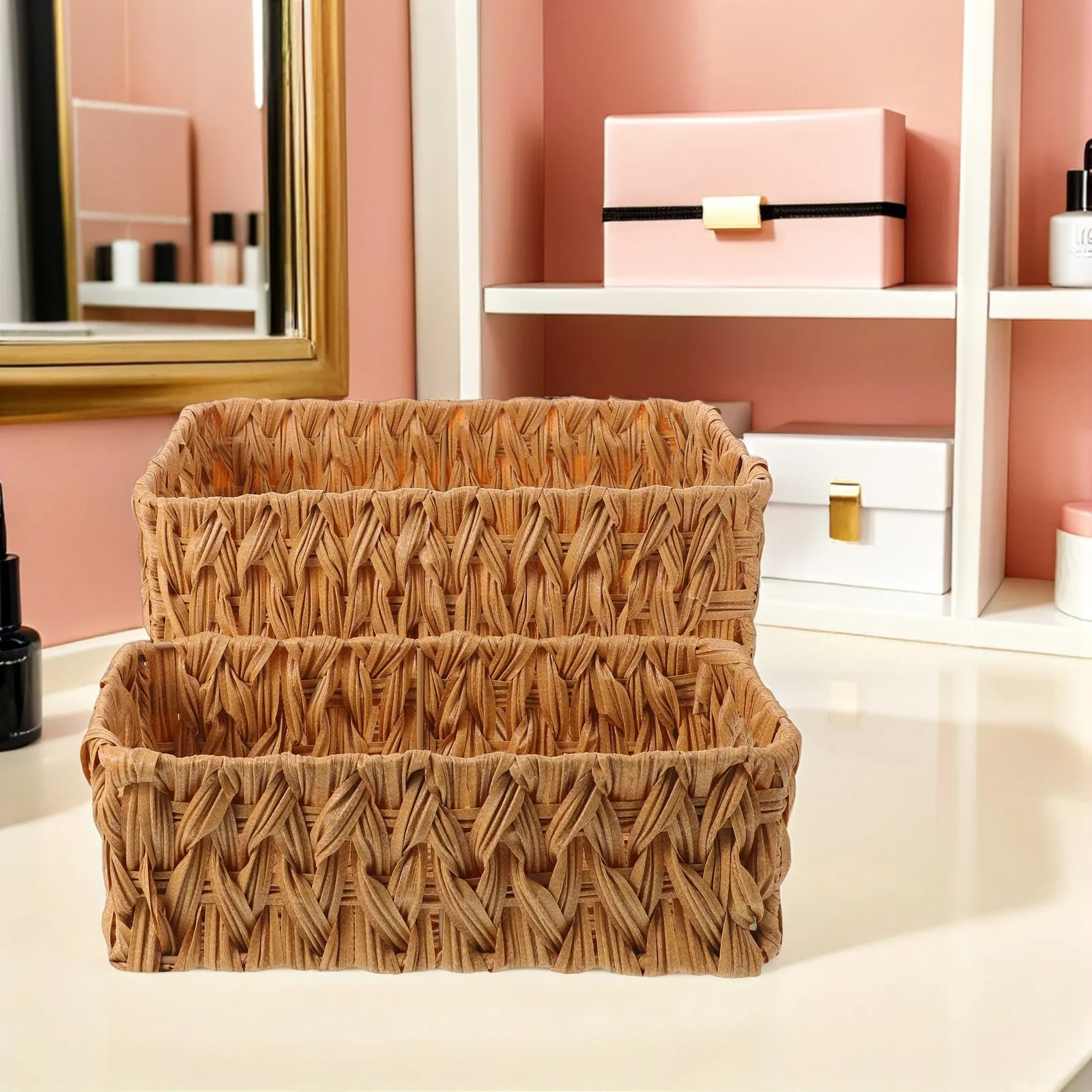 2Pcs Beige Imitation Rattan Woven Storage Baskets 30.8x14.3x10cm Desktop Organizing Basket for Cosmetics Stationery Bathroom