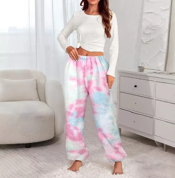 Hot selling women's colorful tie dye double-sided velvet home elastic waistband and coral velvet loose casual leg tie pants