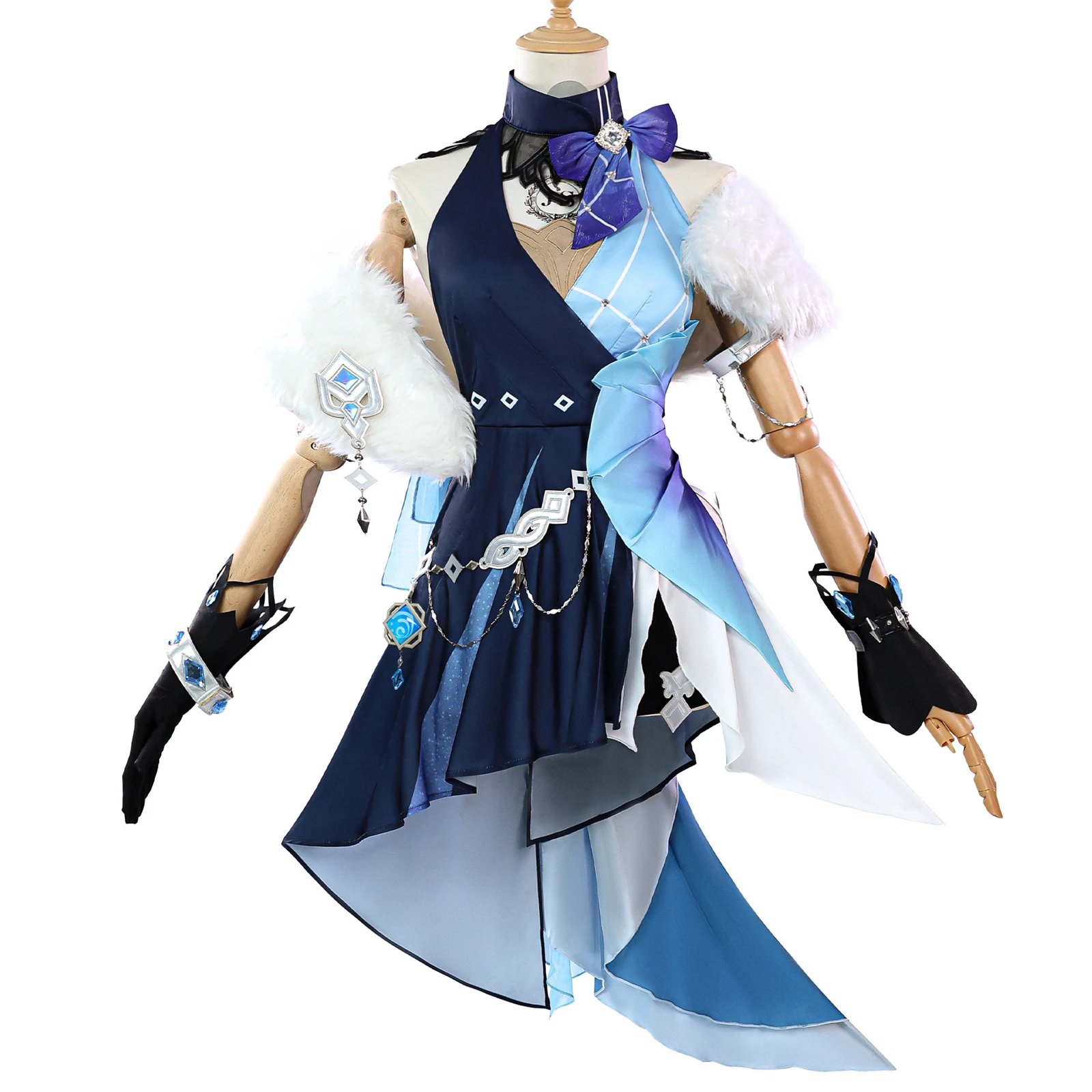 

Impact Yelan Cosplay Costume Anime Girl Blue Dress with Fur Collar Shawl Accessories Set Halloween Carnival Party Uniform