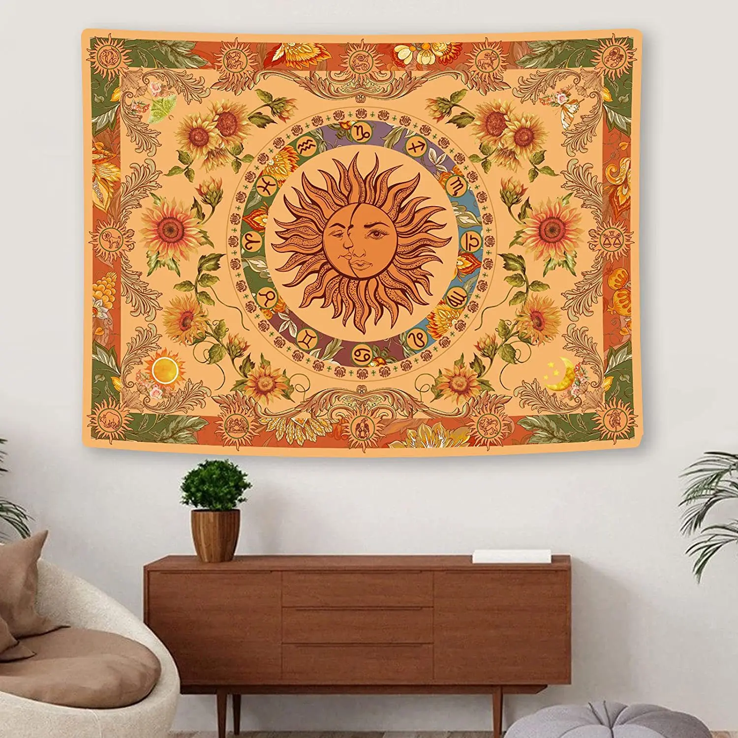 Yellow Sun Moon Tapestry Vintage Indie Boho Tapestry Wall Hanging Sunflowers Butterfly Moth Constellation Sofa Background Cloth