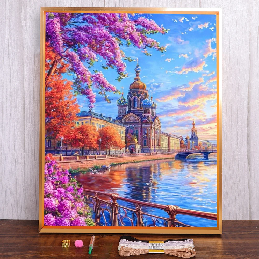 

Landscape Cathedral Pre-Printed Cross-Stitch Embroidery Complete Kit Sewing Handmade Craft Knitting Wholesale Magic Promotions