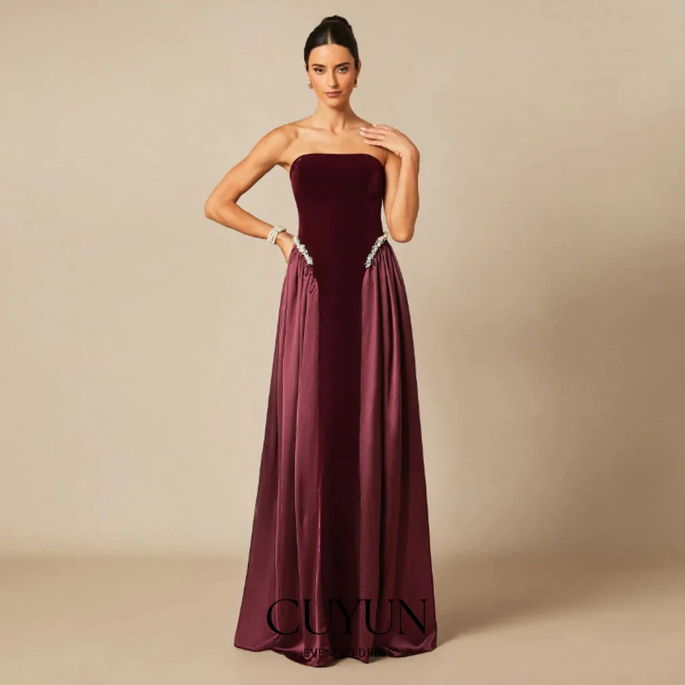 

CUYUN Burgundy Elegant Evening Dresses with Beading Strapless Patchwork Long Prom Dresses Customized Formal Event Party Dress
