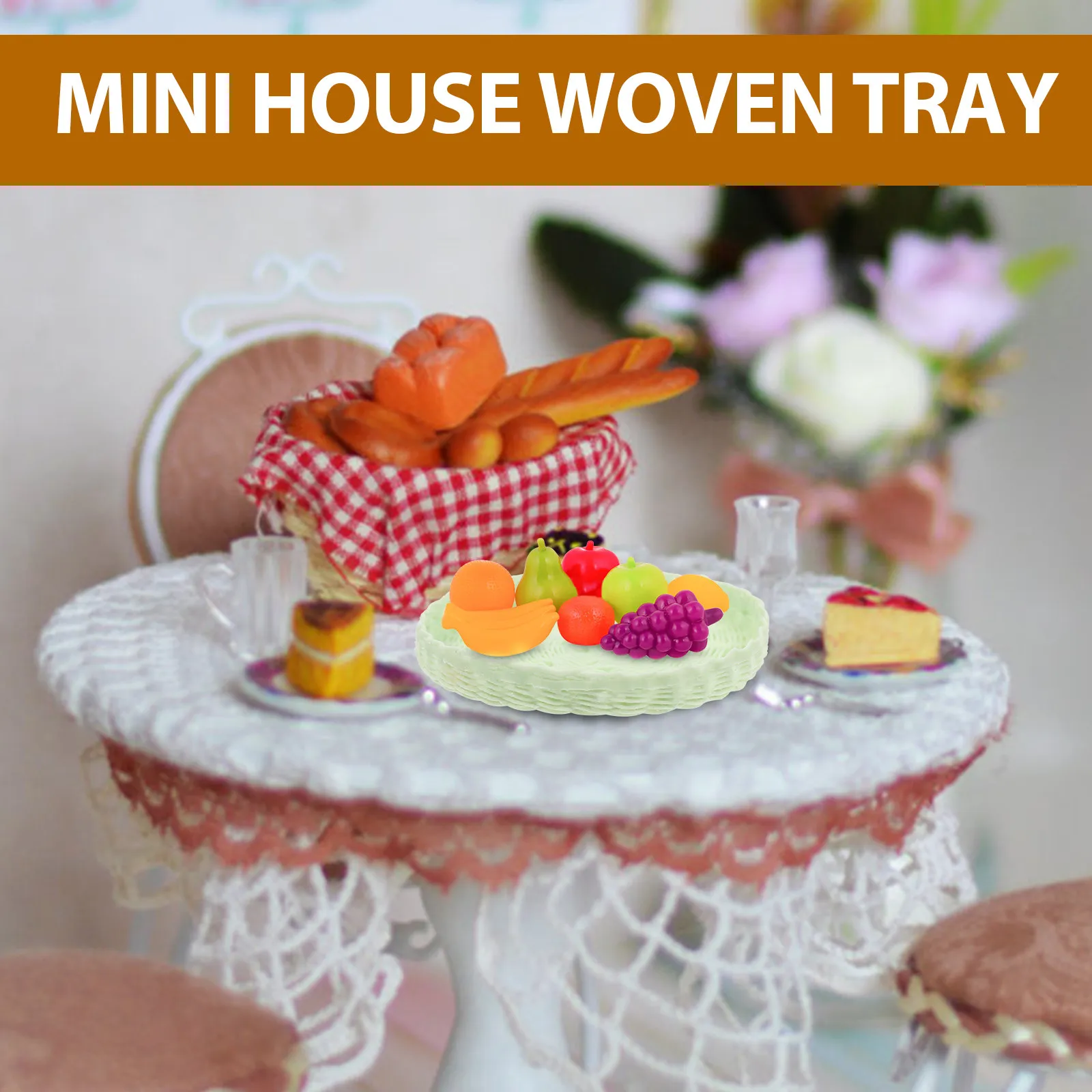 

2Pcs Miniature Woven Tray Mini House Accessories Tiny House Storage Basket Bread Fruit Basket Micro Landscape Decor